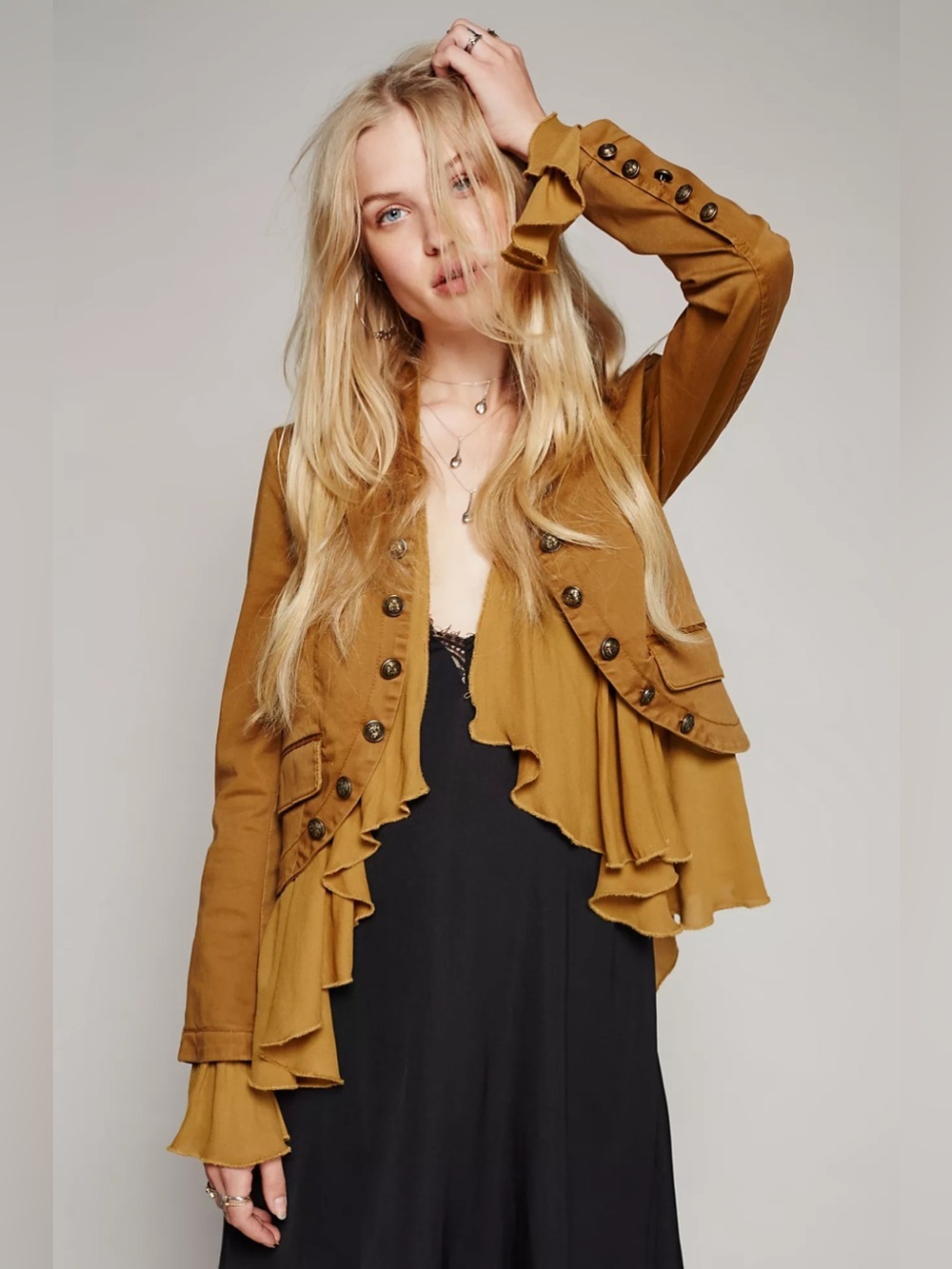 Free People Ruffle Hem Military Jacket XS Mustard Brown Boho Victorian - Picture 2 of 13